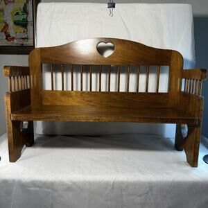 Vintage Handmade Wooden Doll Furniture Bench/Plant Stand w/Heart Cutouts 25”x17